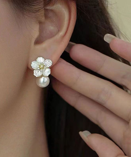 Chic White Sterling Silver Overgild Zircon Pearl Floral Stud Earrings KX1040 Ada Fashion