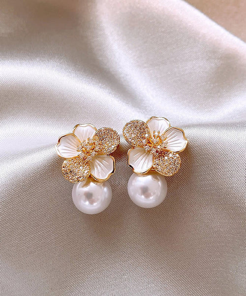 Chic White Sterling Silver Overgild Zircon Pearl Floral Stud Earrings KX1040 Ada Fashion