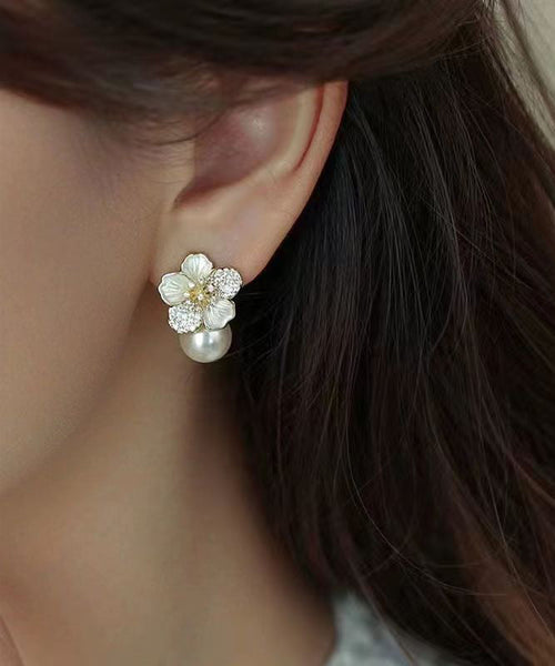Chic White Sterling Silver Overgild Zircon Pearl Floral Stud Earrings KX1040 Ada Fashion