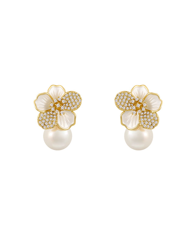 Chic White Sterling Silver Overgild Zircon Pearl Floral Stud Earrings KX1040 Ada Fashion