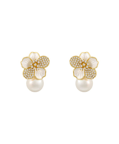 Chic White Sterling Silver Overgild Zircon Pearl Floral Stud Earrings KX1040 Ada Fashion
