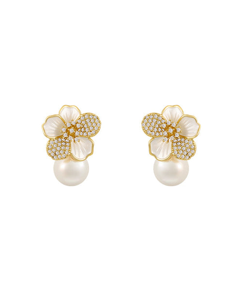 Chic White Sterling Silver Overgild Zircon Pearl Floral Stud Earrings KX1040 Ada Fashion