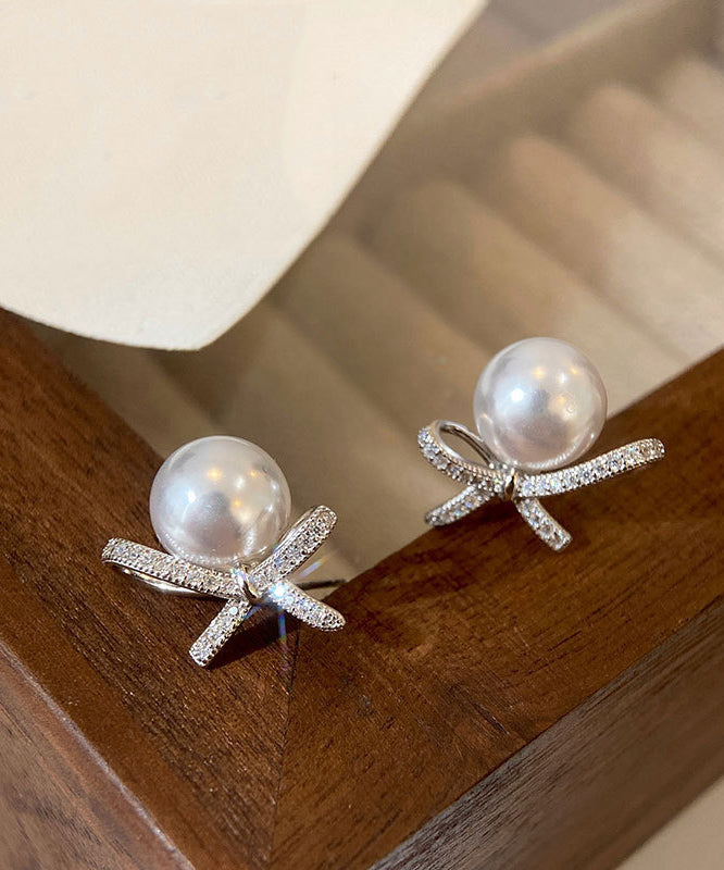 Chic White Sterling Silver Pearl Bow Stud Earrings QQ014 JEW-EAR240811