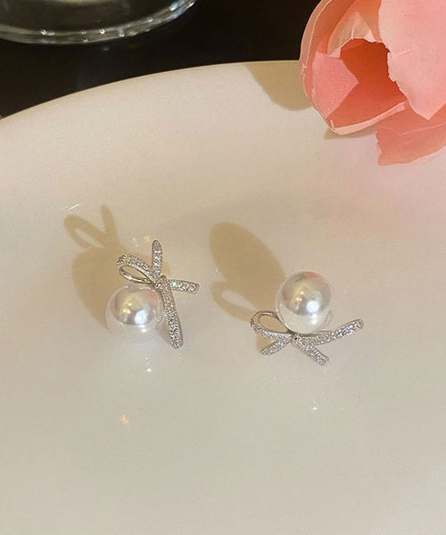Chic White Sterling Silver Pearl Bow Stud Earrings QQ014 JEW-EAR240811
