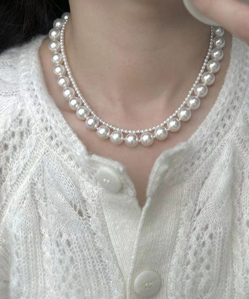 Chic White Sterling Silver Pearl Gratuated Bead Necklac Two Piece Set DF1021 Ada Fashion