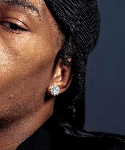 Men Sterling White Stud Earrings Chic Silver Zircon FashionChic