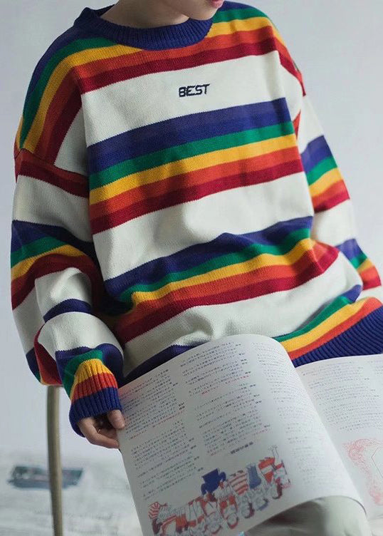 Chic White Striped Cozy Knit Men Sweaters O Neck Winter QF030 MENSW241016