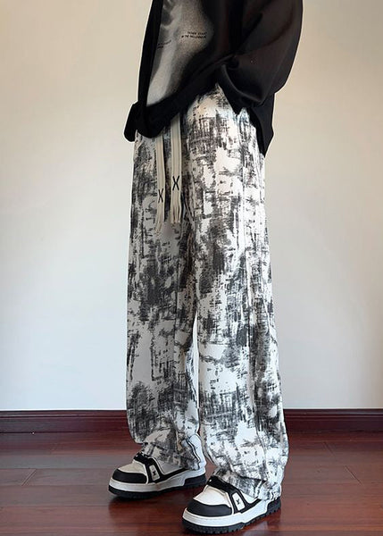 Chic White Tie Dye Elastic Waist Warm Fleece Men Pants Winter WA054 MENP241110