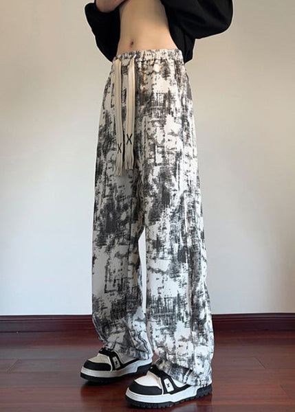 Chic White Tie Dye Elastic Waist Warm Fleece Men Pants Winter WA054 MENP241110