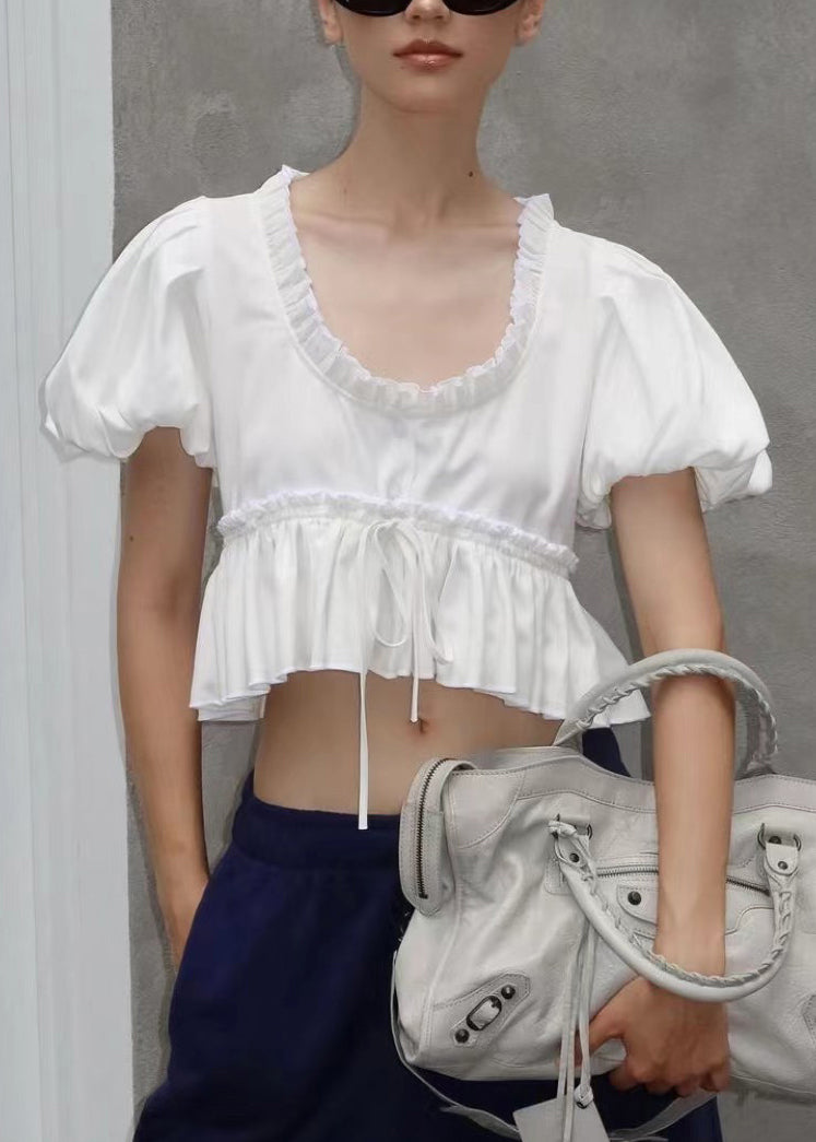 U Sleeve Shirt White Ruffled Neck Chic Puff Cotton FashionChic
