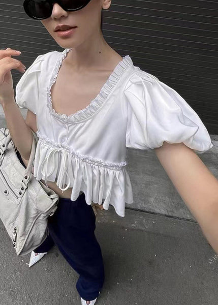 U Sleeve Shirt White Ruffled Neck Chic Puff Cotton FashionChic