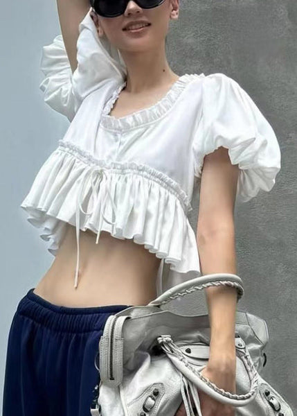 U Sleeve Shirt White Ruffled Neck Chic Puff Cotton FashionChic