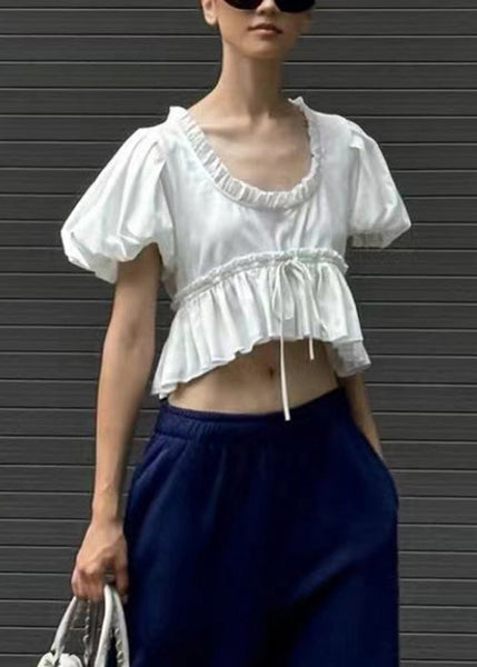 U Sleeve Shirt White Ruffled Neck Chic Puff Cotton FashionChic