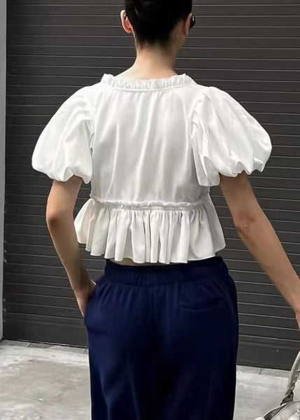 U Sleeve Shirt White Ruffled Neck Chic Puff Cotton FashionChic