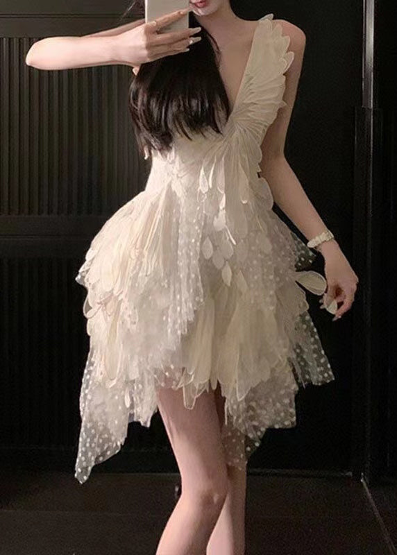 Chic White V Neck Asymmetrical Tulle Mid Dress Sleeveless ZL058 SH-LF-SDM240621