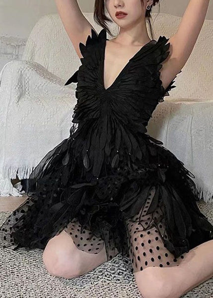 Chic White V Neck Asymmetrical Tulle Mid Dress Sleeveless ZL058 SH-LF-SDM240621