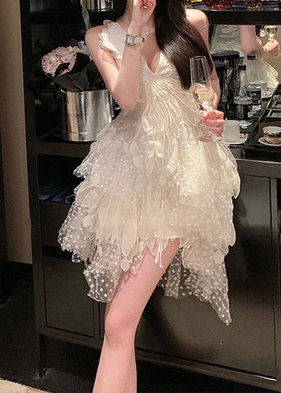 Chic White V Neck Asymmetrical Tulle Mid Dress Sleeveless ZL058 SH-LF-SDM240621