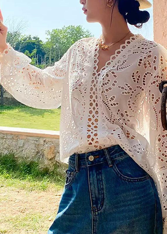 Hollow Out Embroidered Summer V Shirt Chic White Neck FashionChic
