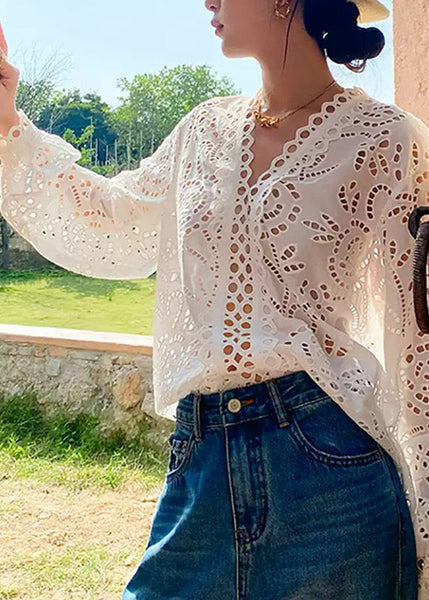 Hollow Out Embroidered Summer V Shirt Chic White Neck FashionChic