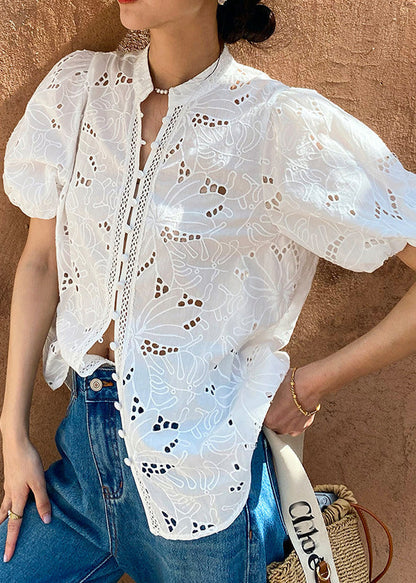 Hollow Out Embroidered Summer V Shirt Chic White Neck FashionChic