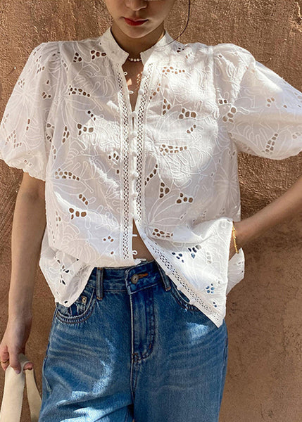 Hollow Out Embroidered Summer V Shirt Chic White Neck FashionChic