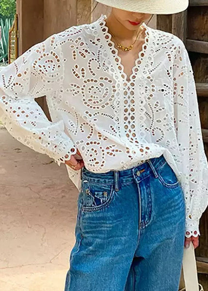 Hollow Out Embroidered Summer V Shirt Chic White Neck FashionChic