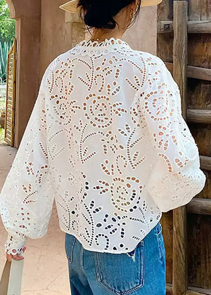 Hollow Out Embroidered Summer V Shirt Chic White Neck FashionChic
