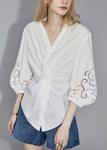 Chic White V Neck Hollow Out Cotton Blouses Bracelet Sleeve Ada Fashion