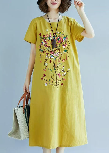 Yellow Linen Summer Embroidered Fine Chic Dress FashionChic