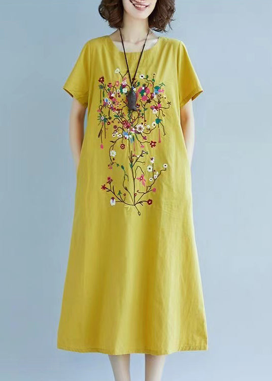 Linen Chic Dress Fine Embroidered Summer Yellow FashionChic