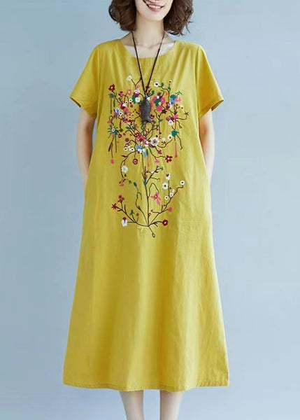 Linen Chic Dress Fine Embroidered Summer Yellow FashionChic