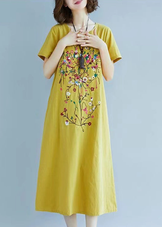 Yellow Linen Summer Embroidered Fine Chic Dress FashionChic