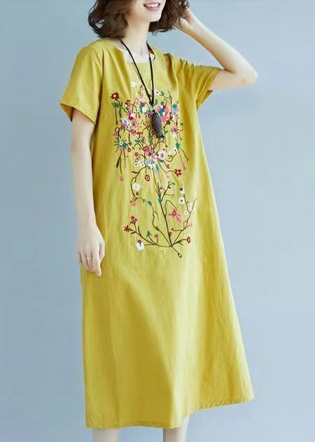 Yellow Linen Summer Embroidered Fine Chic Dress FashionChic