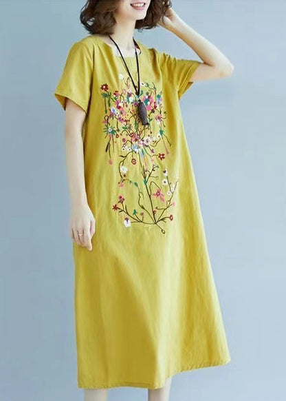 Yellow Linen Summer Embroidered Fine Chic Dress FashionChic
