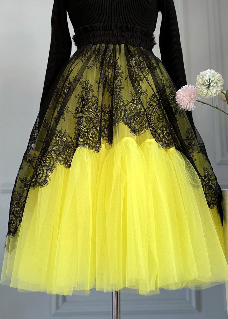 Chic Yellow Lace Elastic Waist Patchwork Tulle Skirts Summer Ada Fashion