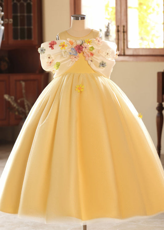 Chic Yellow O-Neck Floral Tulle Kids Long Dresses Summer YG004 ABC