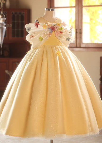 Chic Yellow O-Neck Floral Tulle Kids Long Dresses Summer YG004 ABC