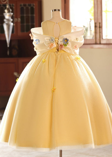 Chic Yellow O-Neck Floral Tulle Kids Long Dresses Summer YG004 ABC
