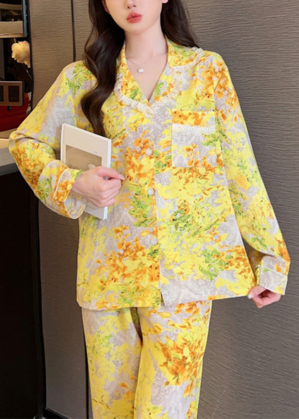 Chic Yellow Print Button Ice Silk Two Pieces Set Long Sleeve XS1015 Ada Fashion