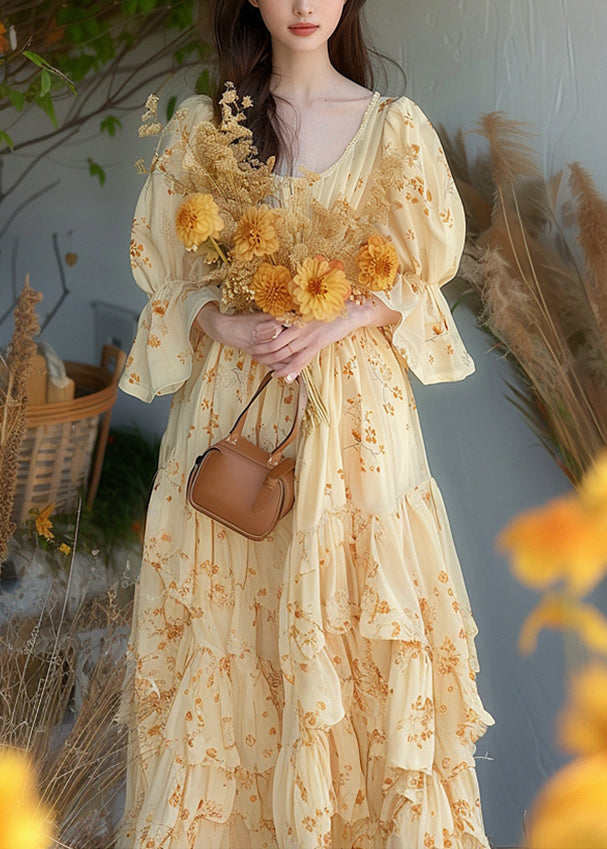 Chic Yellow Ruffled Print Chiffon Dress Flare Sleeve KJ013 ZS-SDL240715