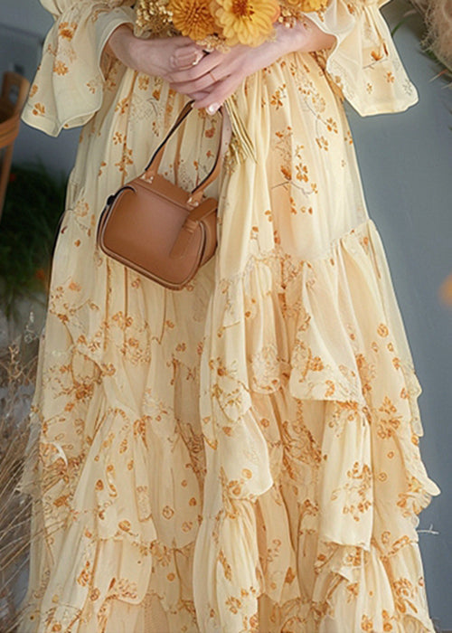 Chic Yellow Ruffled Print Chiffon Dress Flare Sleeve KJ013 ZS-SDL240715
