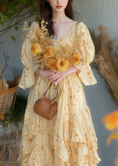 Chic Yellow Ruffled Print Chiffon Dress Flare Sleeve KJ013 ZS-SDL240715