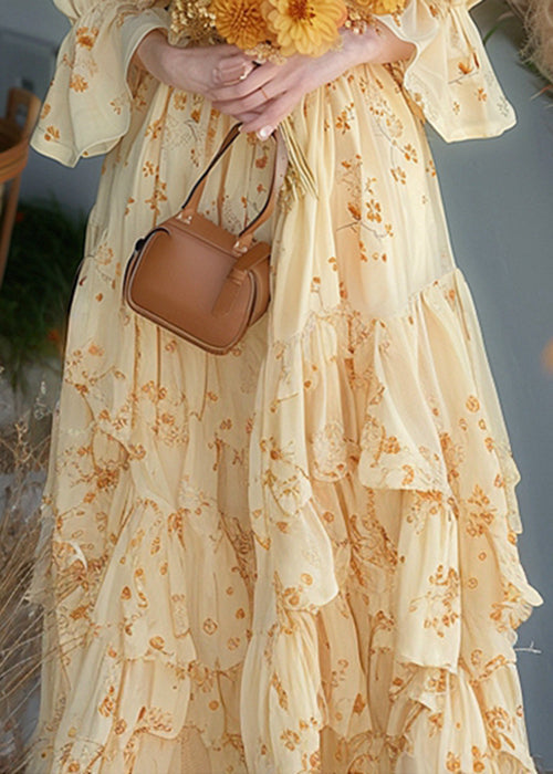 Chic Yellow Ruffled Print Chiffon Dress Flare Sleeve KJ013 ZS-SDL240715