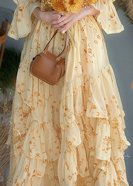 Chic Yellow Ruffled Print Chiffon Dress Flare Sleeve KJ013 ZS-SDL240715