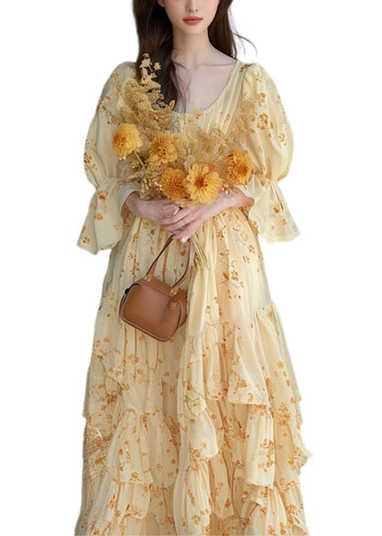 Chic Yellow Ruffled Print Chiffon Dress Flare Sleeve KJ013 ZS-SDL240715