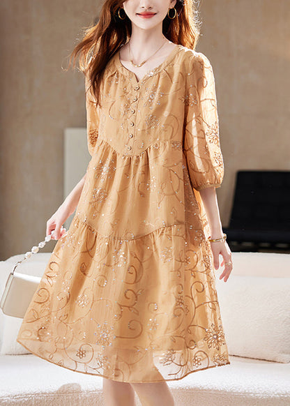 Cotton Summer Yellow Sequins Chic Patchwork Dress Embroidered FashionChic
