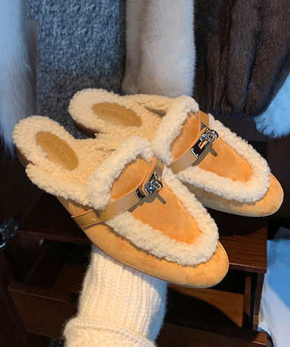 Chic Yellow Slippers Shoes Splicing Fuzzy Wool Lined RX011 ABC