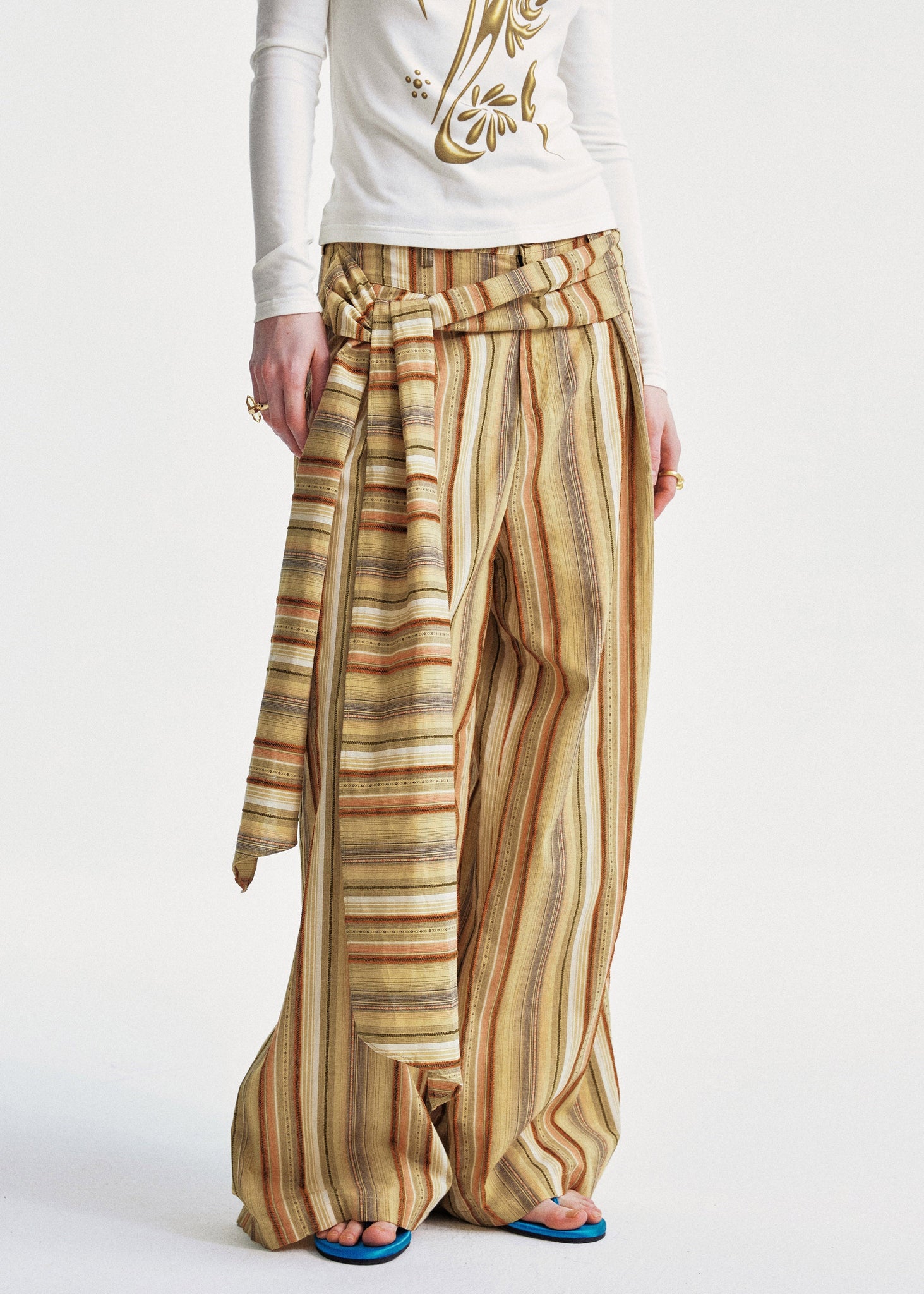 Yellow Cotton Summer Striped Pants Chic Leg Wide FashionChic