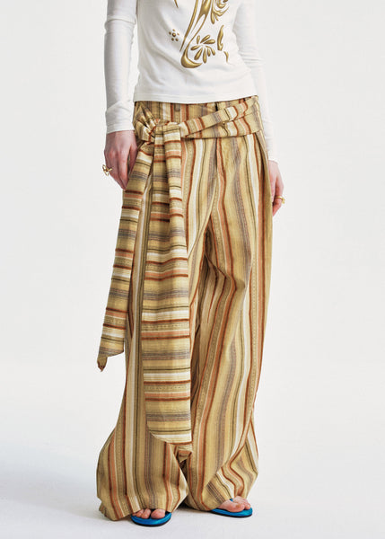 Yellow Cotton Summer Striped Pants Chic Leg Wide FashionChic