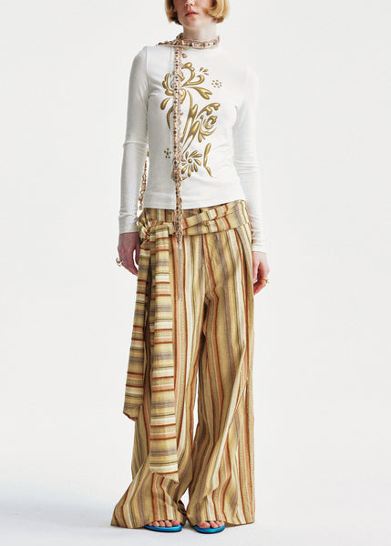 Yellow Cotton Summer Striped Pants Chic Leg Wide FashionChic